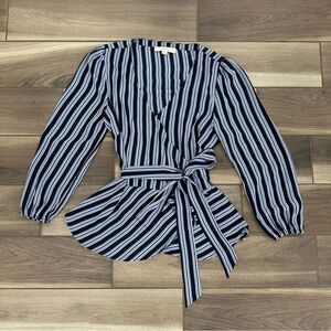 LOFT Navy and Light Blue Striped Wrap Blouse